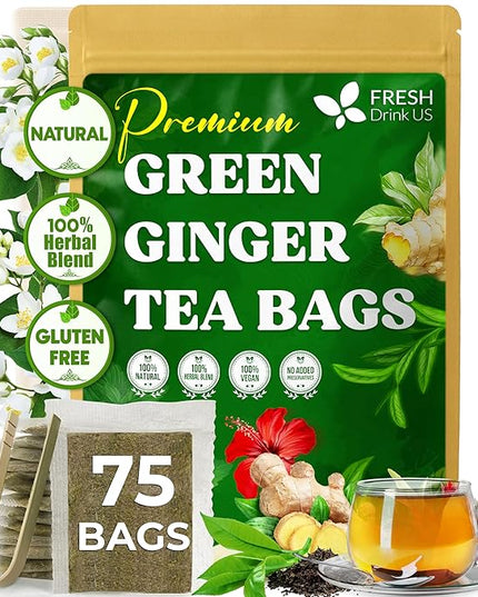 FreshDrinkUS, Premium Green Ginger Tea | 75 Tea Bags | Sencha Green Tea with Ginger, Lemongrass, Turmeric, Hibiscus & Peppermint | Natural Herbal Blend | Comfort & Refreshing, Vegan