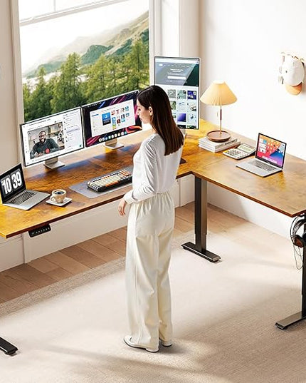Casaottima 71 Inch Reversible Electric L Shaped Standing Desk, Height Adjustable Corner Stand up Desk, Ergonomic Large Lift Table for Home, Office, Workstation, Reception Room, Rustic Brown