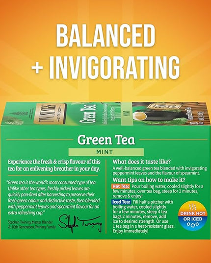 Twinings Green Tea with Mint Individually Wrapped Bags, 20 Count (Pack of 1), Invigorating Aroma, Caffeinated, Enjoy Hot or Iced, 20 Teabags