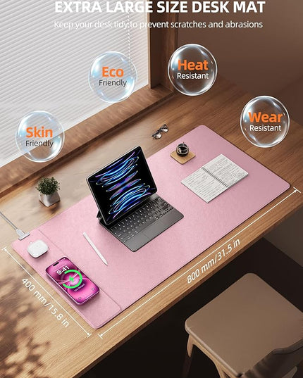TopMade Mouse Pad with 15W Wireless Charging, XXL Large Leather Desk Mat, Waterproof Gaming Mousepad Home Office Desk Pad Protector, Computer Keyboard Pad, Mouse Mat for MacBook, PC, Laptop, Pink