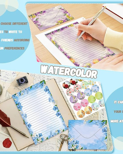 TaoBary 160 Pcs Stationery Paper Set 50 Double Sided Stationery Papers with 50 Matching Envelopes and 60 Round Dot Sticker, 10 Design(Flower,8.5 x 11 Inch)