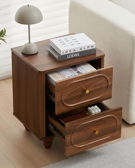 ORRD 2 Drawer Fluted Mini Small Dresser for Bedroom Set of 2, Mid Century Modern Nightstand Bedside End Table, Wood Storage Dresser Organizer for Bedroom Living Room, Walnut