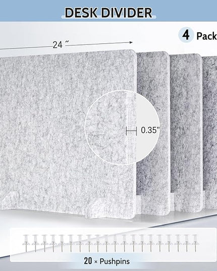 4 Pack Acoustic Desk Dividers - 24" x 20" Freestanding Privacy Panels Set with Noise - Reducing Design Cubicle Sound Proof, Ideal for Office, Classroom, and Home (Silver Gray)