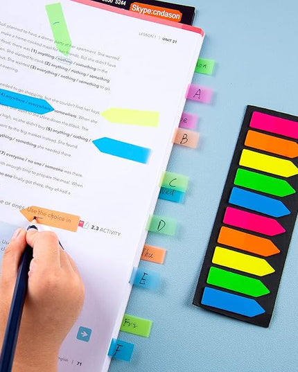 Golcellia Fluorescent Translucent Sticky Note Flags, 1200 Pcs Total, Pack of 10 Color Tabs, Arrow Index Tabs, Page Flag Markers
