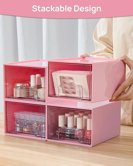 Vtopmart 4Pack Small Stackable Storage Drawers, Bathroom Makeup Organizer,Plastic Storage Bins For Vanity, Undersink, Kitchen Cabinet, Pantry, Home Organization(Pink)