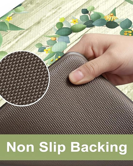 KIMODE Anti Fatigue Kitchen Mats for Floor 2 Piece,Farmhouse Spring Rugs Non Slip,Cushioned Memory Foam Carpet for Sink Laundry Office Bathroom,Green 17"x47"+17"x29"