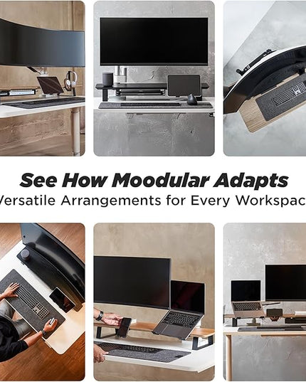 Moodular Wooden Monitor Stand 45.6” (116cm) Large Desk Organizer with Metal Slide Rails for Drawer, Tray, Laptop, Tablet, Phone & Headphones Customizable Riser for Organized Workspace Walnut