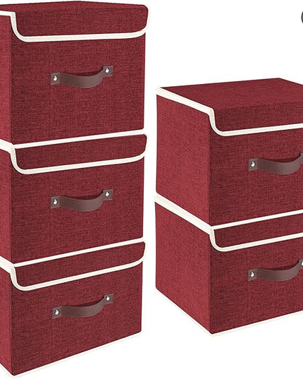TYEERS Foldable Storage Boxes with Lids 5 Pack Fabric Storage Bins with Lids, Closet Organizers for Clothes Storage, Room Organization, Office Storage, Toys - Red Wine