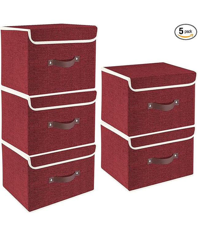 TYEERS Foldable Storage Boxes with Lids 5 Pack Fabric Storage Bins with Lids, Closet Organizers for Clothes Storage, Room Organization, Office Storage, Toys - Red Wine
