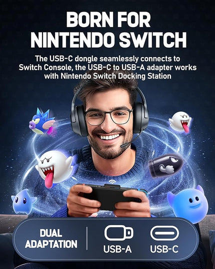 Wireless Gaming Headset for Nintendo Switch丨OLED丨Lite,2.4Ghz USB & Type-C， Bluetooth 5.4 Gaming Headphones with Noise Cancelling Microphone, 40Hr Battery, for PS5, PS4, PC, Mac, Laptop, Grey