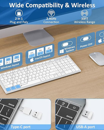 Wireless Keyboard and Mouse, GALENMORO Silent Quiet Combo Low Profile USB C Full Size Compact with Number Pad Flat Soft Touch Cordless for Mac Computer PC Laptop Macbook iMac Office - White and Silver