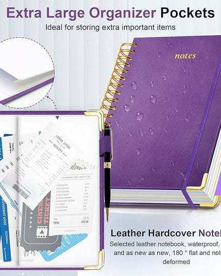 Hardcover Spiral Notebook 8.5"x11" Journal Notebook with Tabs and Removable Dividers 300 Pages 5 Subject Notebook College Ruled, Faux Leather Spiral Bound Notebook for Women School Work (Purple)