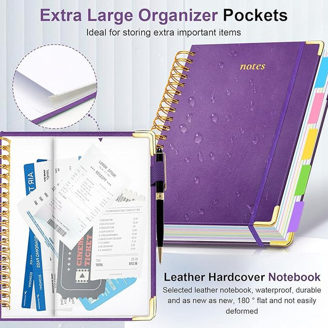 Hardcover Spiral Notebook 8.5"x11" Journal Notebook with Tabs and Removable Dividers 300 Pages 5 Subject Notebook College Ruled, Faux Leather Spiral Bound Notebook for Women School Work (Purple)