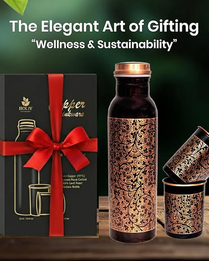 Floral Antique Copper Bottle and 2 Tumbler Set - 34oz Engraved Vessel with 10oz Cups - Indian Artisan Handcrafted - Premium Wellness Gift