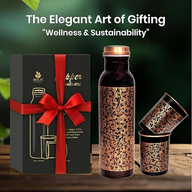 Floral Antique Copper Bottle and 2 Tumbler Set - 34oz Engraved Vessel with 10oz Cups - Indian Artisan Handcrafted - Premium Wellness Gift