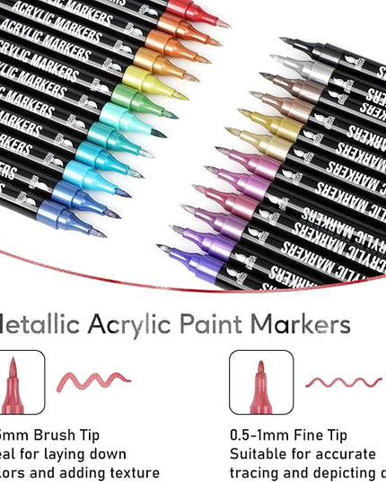 24 Metallic Colors Acrylic Paint Markers, Dual Tip with Fine Tip and Brush Tip Pens for Stone, Wood, Calligraphy, Canvas, Ceramic, Metal, Glass, Rock Painting, DIY Crafts