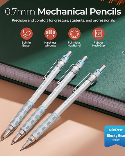 Nicpro 3 Pack Blocky Gear 0.7 mm Metal Mechanical Pencils Set with Case, Lead Drafting Pencil with 8 Tube (480PCS) Lead Refills(HB 2B), 4 Erasers, 18 Eraser Refills for Art Writing, Sketching Drawing