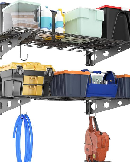 Ultrawall Garage Wall Shelves, 2 x 4 ft Wall Mounted Storage Shelves, Heavy Duty Wall Shelving with Hooks, Holds Up to 220 Lbs, 2Pack, Black