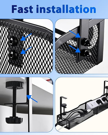 Under Desk Cable Management Box 25.3 Inch – Clamp-Mounted Cable Organizer Tray, Large Cord Management Box for Office & Home, Wire Organizer Under Desk Storage, Black