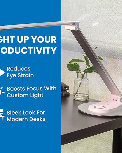 Mount-It! LED Desk Lamp with Wireless Charger and USB-C Charging Port, Dimmable Desk Lamp with 25 Brightness and Color Modes, for Home or Office, Adjustable Arm, Silver/White