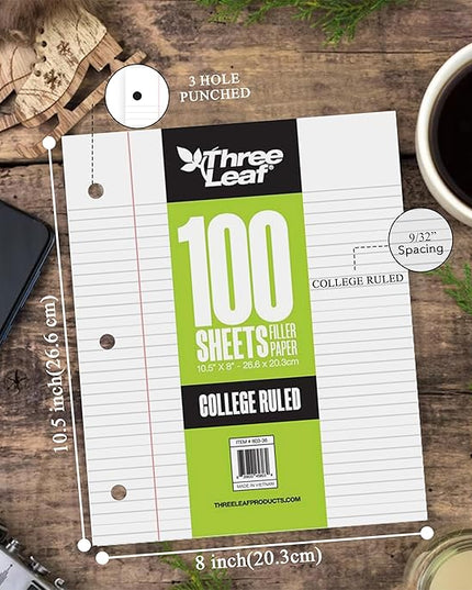 THREE LEAF 100 SHEETS COLLEGE RULED FILLER PAPER, PACK OF 12, LOOSE-LEAF SHEETS FOR SCHOOL AND OFFICE 100 CT. FILLER PAPER, NOTEBOOK PAPER