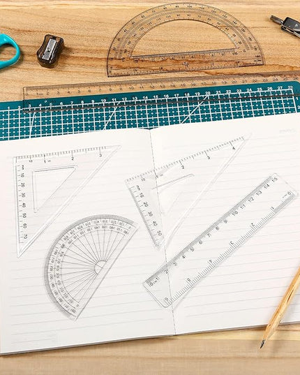 Tenare 1 Set Plastic Clear Math Set Includes Protractor Triangle Rulers 12 Inch 6 Inch Straight Geometry Math Transparent Ruler Measuring Tool for School Office Home Supplies(Clear)