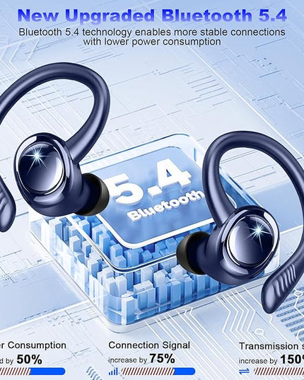Wireless Earbuds Sport, New Bluetooth 5.4 Headphones with Earhooks, 50H Stereo Deep Bass Over Ear Buds with 4 ENC Noise Canceling Mics, IP7 Waterproof Earphones for Running Workout Gym -Blue