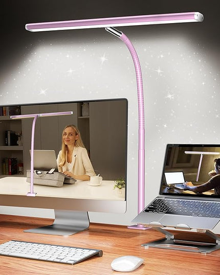LED Desk Lamp for Office Home, Eye-Caring Desk Light with Stepless Dimming Adjustable Flexible Gooseneck, 10W USB Adapter Desk Lamp with Clamp for Reading, Study, Workbench (Pink)