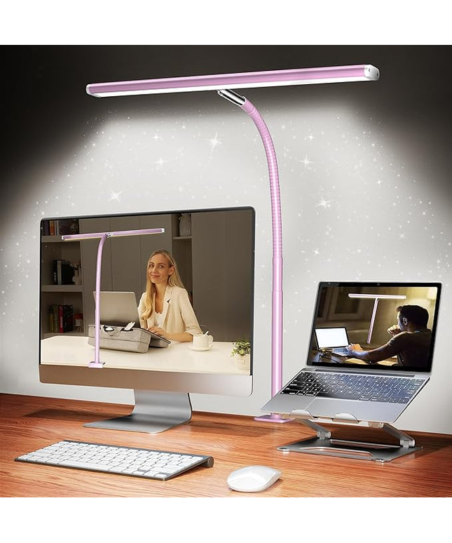 LED Desk Lamp for Office Home, Eye-Caring Desk Light with Stepless Dimming Adjustable Flexible Gooseneck, 10W USB Adapter Desk Lamp with Clamp for Reading, Study, Workbench (Pink)
