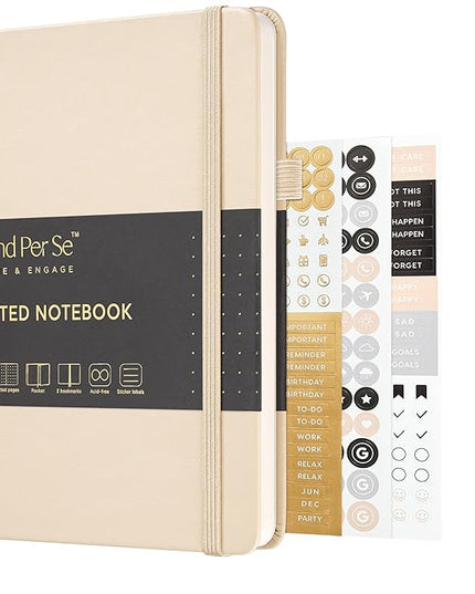 &And Per Se Dotted Journal Notebook, A5 Hardcover Leather Bullet Dotted Journal, 160 Pages 100 gsm Thick Dotted Paper，3 Stickers Included for Women Men, Work Office or School - 5.7'' x 8.3'' (Light