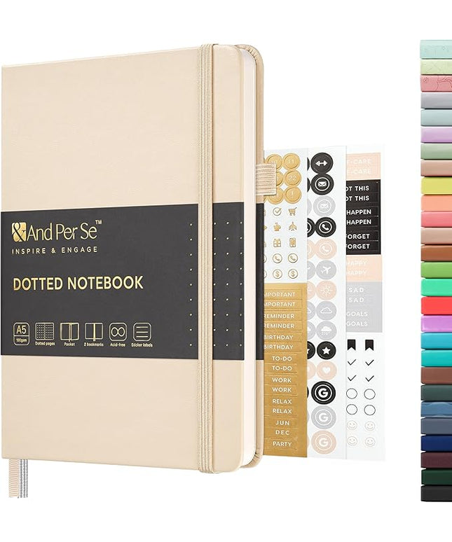 &And Per Se Dotted Journal Notebook, A5 Hardcover Leather Bullet Dotted Journal, 160 Pages 100 gsm Thick Dotted Paper，3 Stickers Included for Women Men, Work Office or School - 5.7'' x 8.3'' (Light
