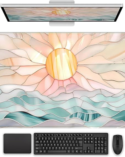 Desk Mat Gaming Desk Pad Large Mouse and Keyboard Pad, Abstract Serene Ocean Sunrise Mouse Mat XXL, Pastel Desk Protector Mat Computer Mats for Desktop Sun & Waves Office Decor 31.5" x 15.7"