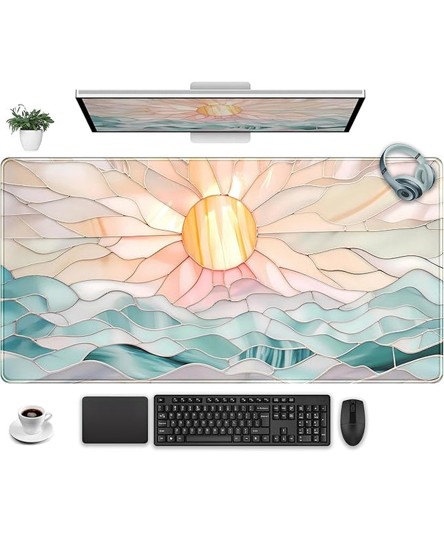 Desk Mat Gaming Desk Pad Large Mouse and Keyboard Pad, Abstract Serene Ocean Sunrise Mouse Mat XXL, Pastel Desk Protector Mat Computer Mats for Desktop Sun & Waves Office Decor 31.5" x 15.7"