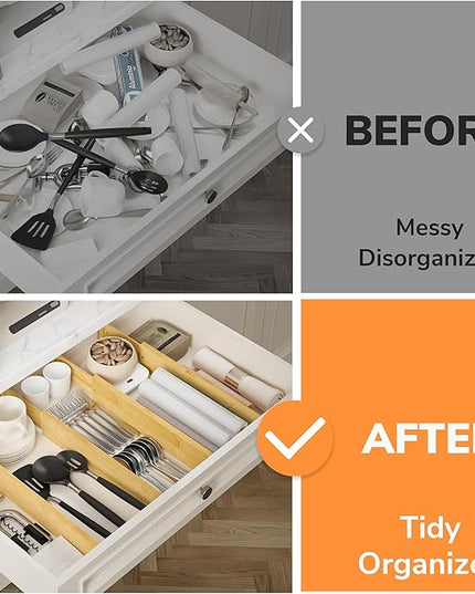 BAMEOS 3" H Large Bamboo Drawer Dividers Adjustable Drawer Organization Expandable Utensil Organizers for Kitchen Dresser Bathroom Bedroom and Office 4-pack