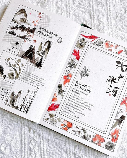 WT Ink Tranquility Washi Tape Sticker Set, 4 Rolls, Original Designs, Eastern Watercolor Koi Fish, Black & Red, Silver Foil Decorative Stickers for Bujo, Planner, Journals, DIY Crafts
