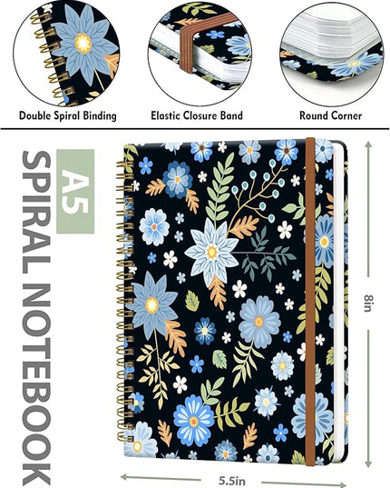 Spiral Journal Notebook for Women, Hardcover A5 College Ruled Notebook, 120 Pages, Thick Paper, Cute Lined Journal for School, Office & Work, 6 x 8.4 in(Blue Garden Flower)