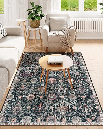 Lahome Moroccan Machine Washable Rugs for Living Room, 4x6 Rug for Bedroom Non-Slip Vintage Trellis Ultra-Thin Throw Carpet for Dining Room Office Nursery, Black/Multi