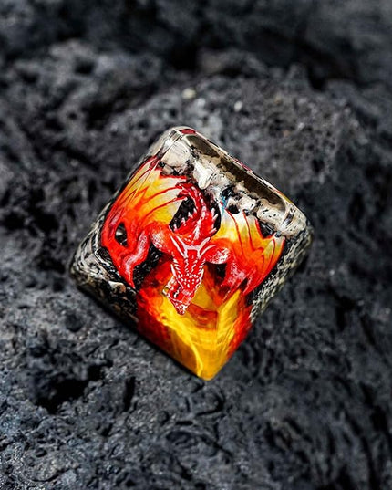 Red Dragon with Volcano Fantasy Artisan Keycap R1 SA Profile Custom Cool Dragon Keycaps 1U ESC Handmade Gaming Resin Key Cap Cherry MX Switch Compatible Mechanical Keyboard Dragon Lover Gift