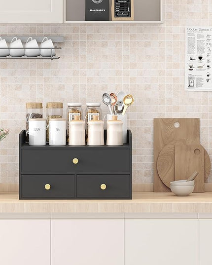 Bamboo Desk Organizer with Drawers Wooden Desktop Storage Drawers for Bills Office Supplies Kitchen Utensils Organizing Tool for Home Classroom Organization No Assembly (3 Drawers, Black)
