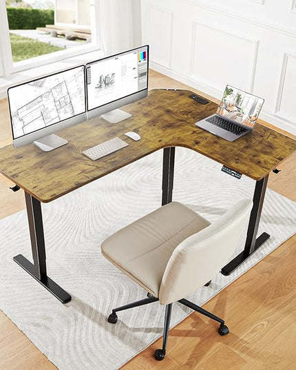 HUANUO 63″ Dual Motor L-Shaped Standing Desk, Built-in Power Outlets, Electric Height Adjustable Corner Computer Desk, Large Power Strip Holder, Sit Stand Up Desk with 3 Preset Heights, Vintage Brown