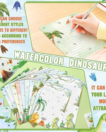 TaoBary 160 Pcs Stationery Paper Set 50 Double Sided Stationery Papers with 50 Matching Envelopes and 60 Round Dot Sticker, 10 Design(Watercolor Dinosaur,8.25 x5.5 Inch)