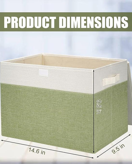 Large 17" 42 Quarts Collapsible Stackable Storage Bins with Lids [3-Pack] Foldable Fabric Linen Storage Boxes Cube, Closet Organizer Baskets with Label for Home (16.7 x 12 x 12", Green & White)