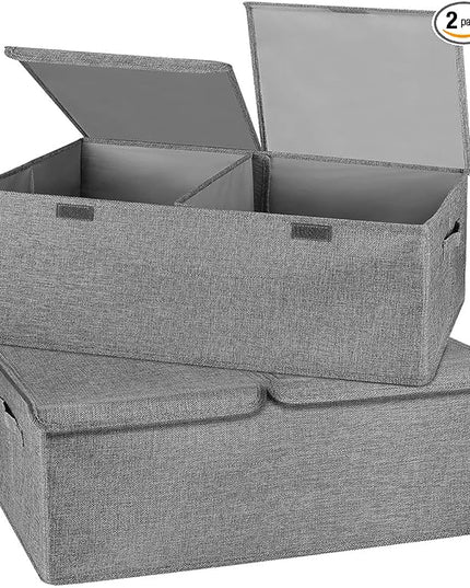 2 Pack Storage Boxes with Lids and Handles, Collapsible Linen Storage Bins Organizer Containers Baskets Cube with Removable Divider for Home Bedroom Closet Office (Grey, Small)