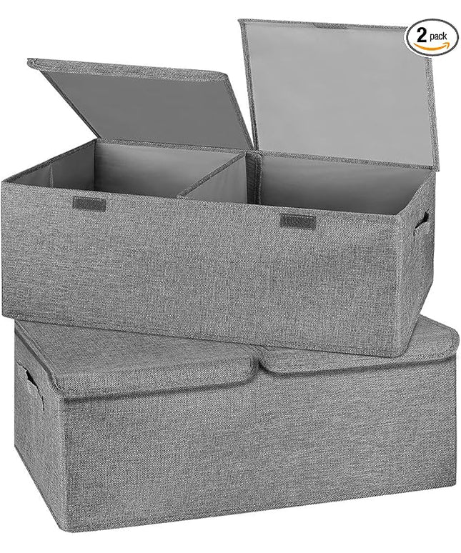 2 Pack Storage Boxes with Lids and Handles, Collapsible Linen Storage Bins Organizer Containers Baskets Cube with Removable Divider for Home Bedroom Closet Office (Grey, Small)