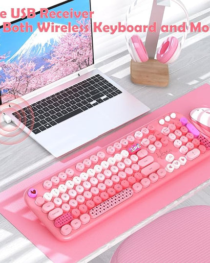 Wireless Keyboard Mouse,104 Full Size Cute Colorful Keyboard and Mouse with Retro Typewriter for PC/Mac/Laptop/Tablet/Computer/Windows/Microsoft, Pink