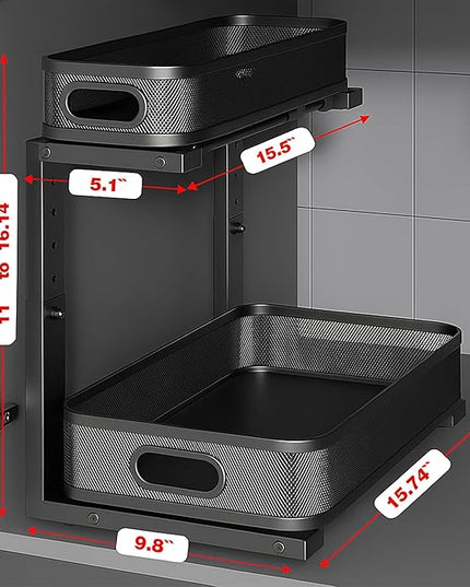 2 Pack Under Sink Organizer, Dual-Layer Pull Out Mesh Cabinet Rack with 5-Level Height Adjustment, Rust-Resistant Sliding Storage for Bathroom & Kitchen, Multi-Purpose 2-Tier Shelf(Black)