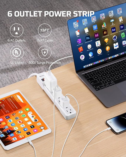 DEWENWILS 6-Outlet Power Strip Surge Protector, 15FT Long Extension Cord, Low Profile Flat Plug, 15 Amp Circuit Breaker, 500 Joules, Wall Mount, White, UL Listed
