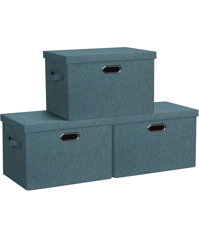 Large 17" 36 Quart Collapsible Stackable Storage Bins with Lids, 3 Packs Blue-Green Linen Fabric Closet Boxes with Lids, Storage Cube Baskets Container Organizers for Bedroom (17x12x11)