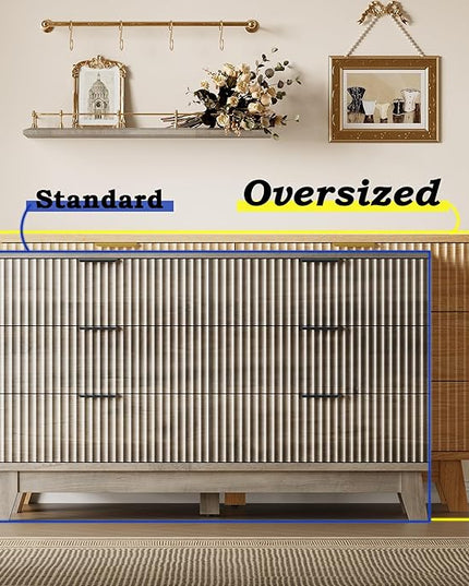 BORNOON Fluted 6 Drawer Dresser, 47.2" Wide Modern Boho Chest of Drawers, Wooden Storage Dresser TV Stand for Bedroom, Living Room, Closet, Hallway, Curved Profile Design
