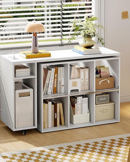 BLANKSPACE L-Shaped Computer Desk with 360°Swivel Desktop & 6 Open Shelves - Rotating Home Office Corner Desk with Power Outlets for Working and Study White Walnut